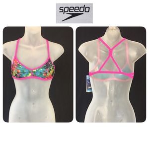 SPEEDO Cross Back Printed Sports Bra Swimsuit Top